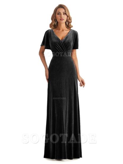 Elegant Mermaid V-neck Short Sleeves Unique Velvet Long Bridesmaid Dresses