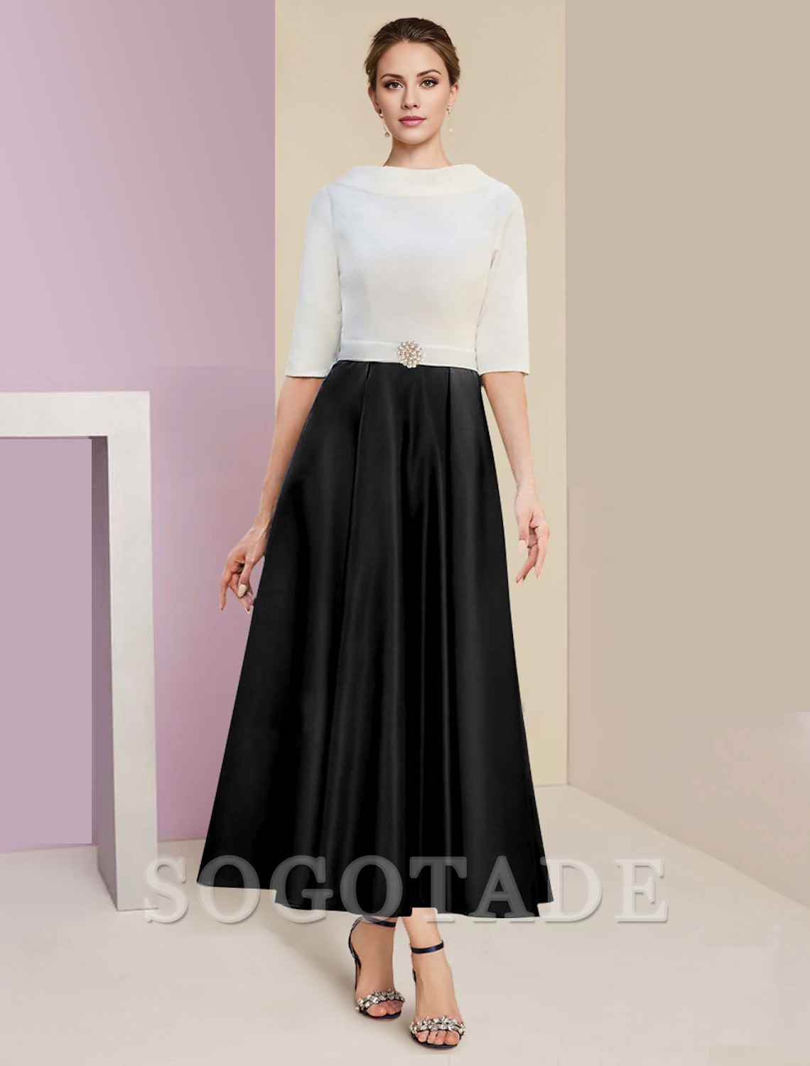 A-Line Mother of the Bride Dress Wedding Guest Elegant Vintage Jewel Neck Tea Length Charmeuse Half Sleeve with Pleats Crystals