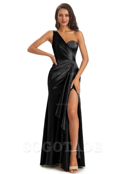 Elegant Soft Satin Side Slit One Shoulder Unique Mermaid Bridesmaid Dresses Online prom dresses shops