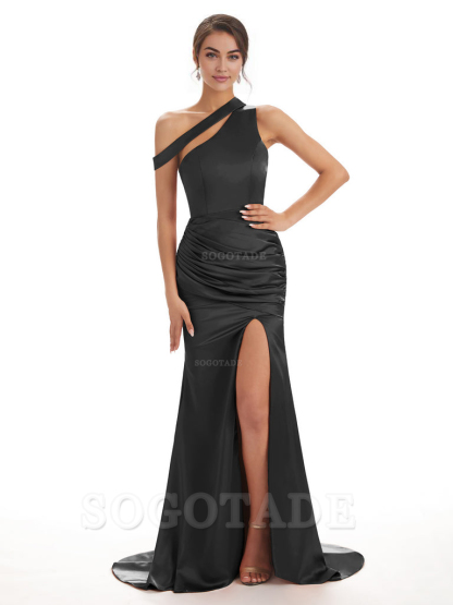 Sexy Soft Satin Side Slit One Shoulder Long Mermaid Bridesmaid Dresses prom dresses shops ﻿