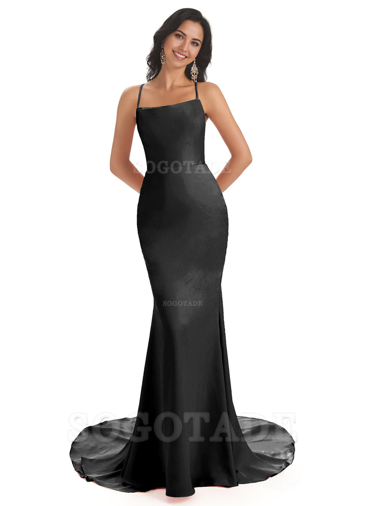 Mermaid Spaghetti Backless Straps Satin Long formal dresses evening gown Bridesmaid Dresses