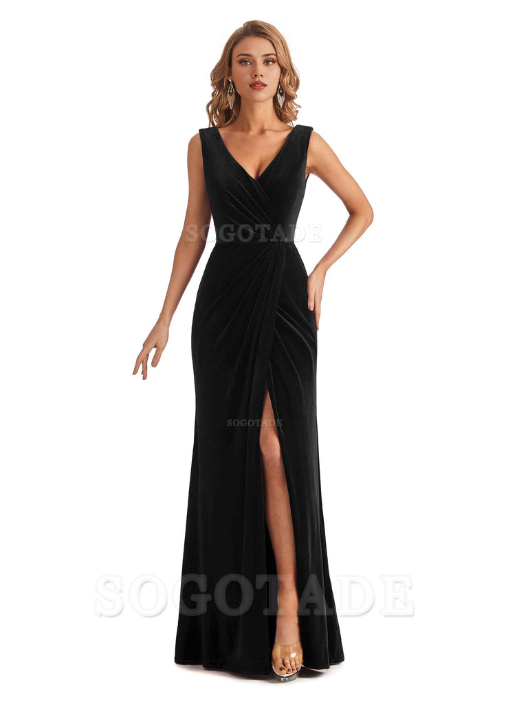 Sexy Deep V-Neck Sheath Velvet Side Slit Long Elegant Bridesmaid Dresses Formal Women's Dresses Wedding Guests Dresses