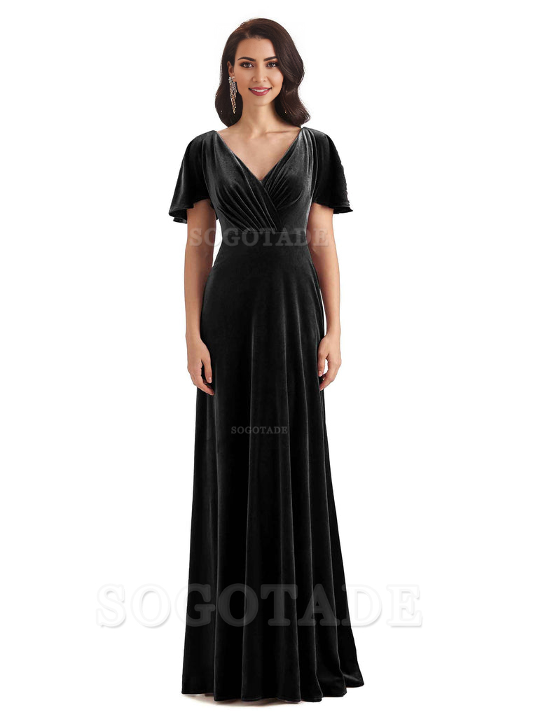 V-Neck Sexy See Through Short Sleeves Lace up Velvet Long Bridesmaid Dresses Formal Women's Dresses Wedding Guests Dresses