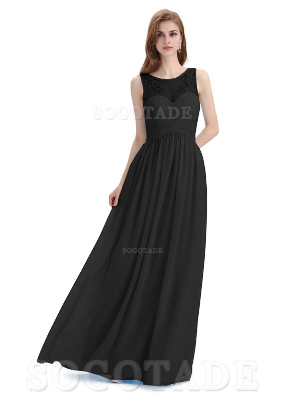 Elegant A-Line Chiffon Sleeveless Ruched Long Simple Bridesmaid Dresses Formal Women's Dresses Wedding Guests Dresses