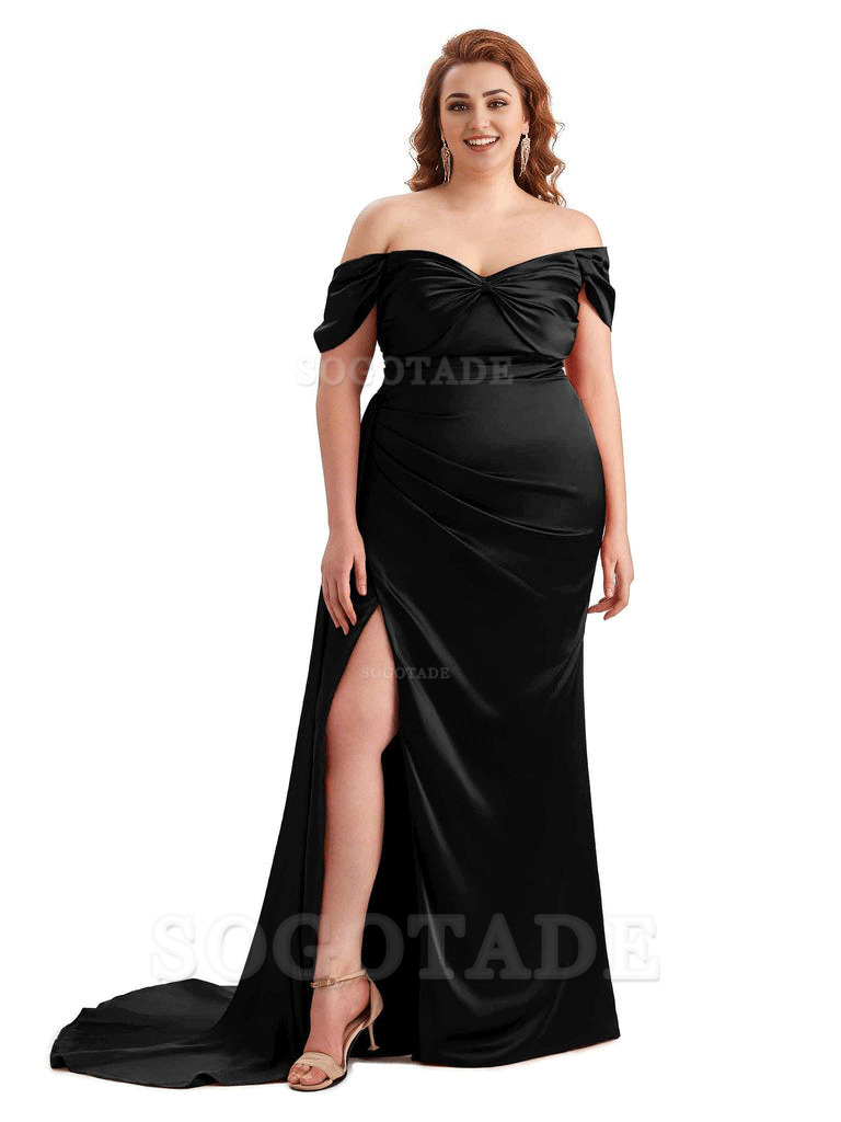  Sexy Side Slit Off The Shoulder Mermaid Soft Satin Long Plus Size Bridesmaid Dress For Wedding