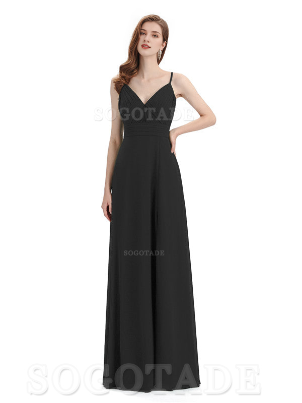 Chiffon V-Neck Spaghetti Strap Floor-Length Side Fork Long Bridesmaid Dresses Formal Women's Dresses Wedding Guests Dresses