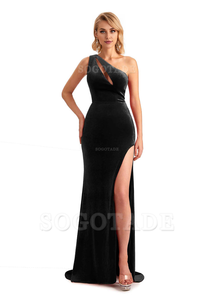 Sexy Sleeveless Floor Length Mermaid One Shoulder Side Slit Velvet Long Bridesmaid Dresses