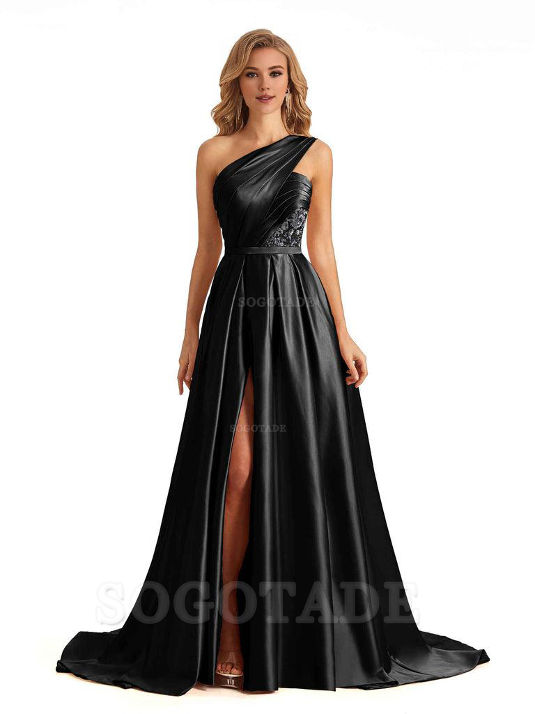Sexy Side Slit One Shoulder A-Line Soft Satin Long Bridesmaid Dresses Online prom dress in store