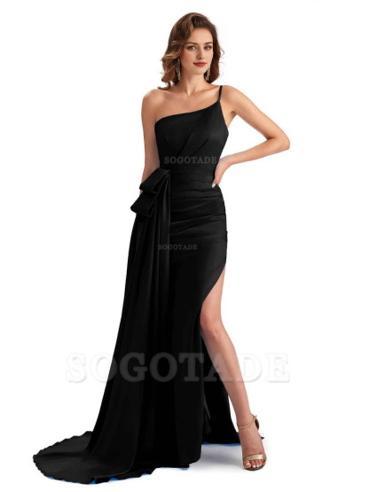 Sexy Side Slit Mermaid Silky Satin One Shoulder Modern Maxi Bridesmaid Dresses