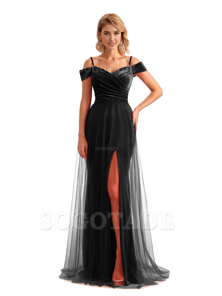 Elegant Mermaid Spaghetti Straps Floor Length Cold Shoulder Side Slit Tulle Velvet Long Bridesmaid Dresses