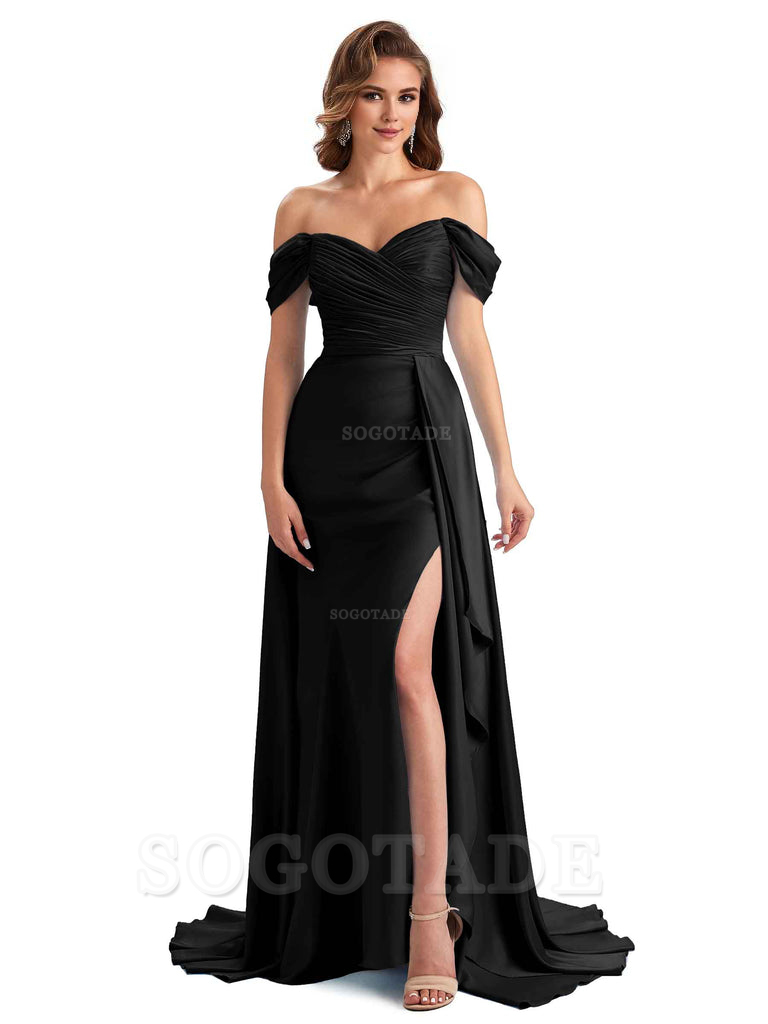 Sexy Side Slit Mermaid Soft Satin Off The Shoulder Long Unique Bridesmaid Dresses prom dress in store