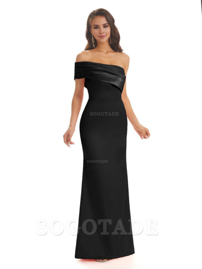 Soft Satin Sexy Side Slit One Shoulder Long Mermaid Bridesmaid Dresses Online prom dress in store