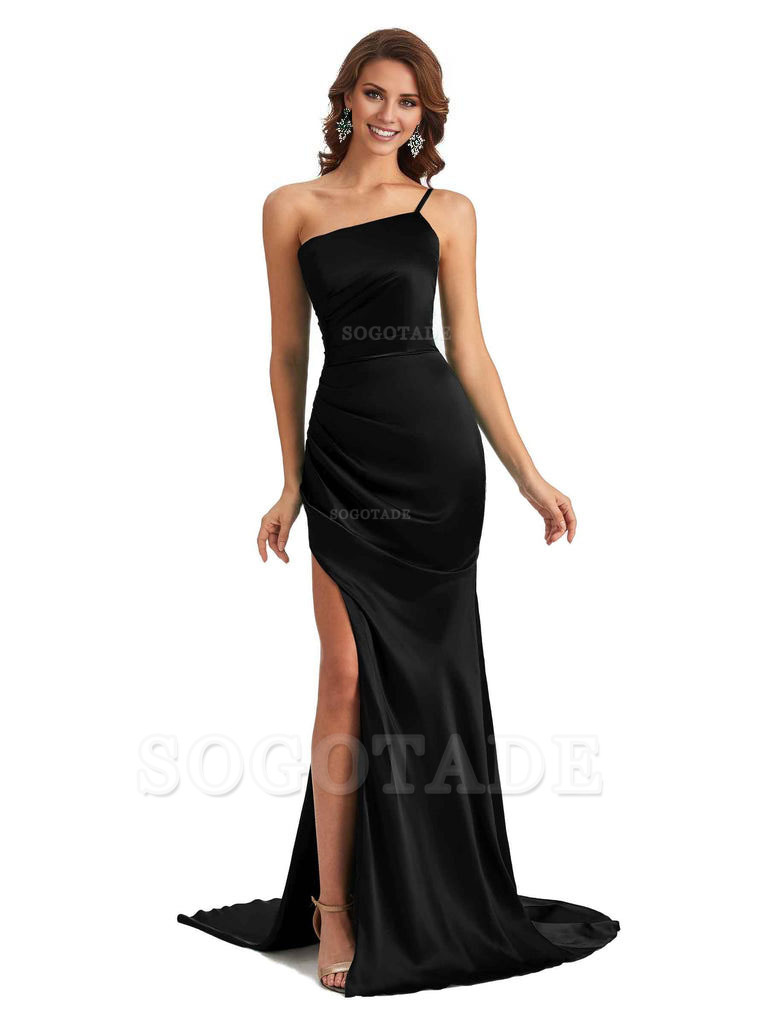 Sexy Silky Satin Side Slit One Shoulder Unique Long Wedding Guest Maxi Dresses