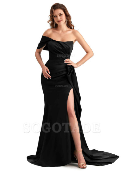 Sexy Side Slit Mermaid Silky Satin One Shoulder Chic Long Maid Of Honor Dresses