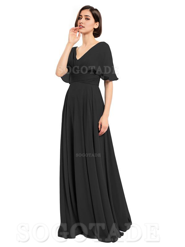  V-Neck Cap Sleeves Sleeves Chiffon Long Elegant Bridesmaid Dresses Formal Wear Dresses