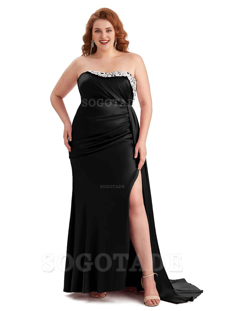 Sexy Side Slit Strapless Mermaid Lace Soft Satin Long Plus Size Maid of Honor Dresses
