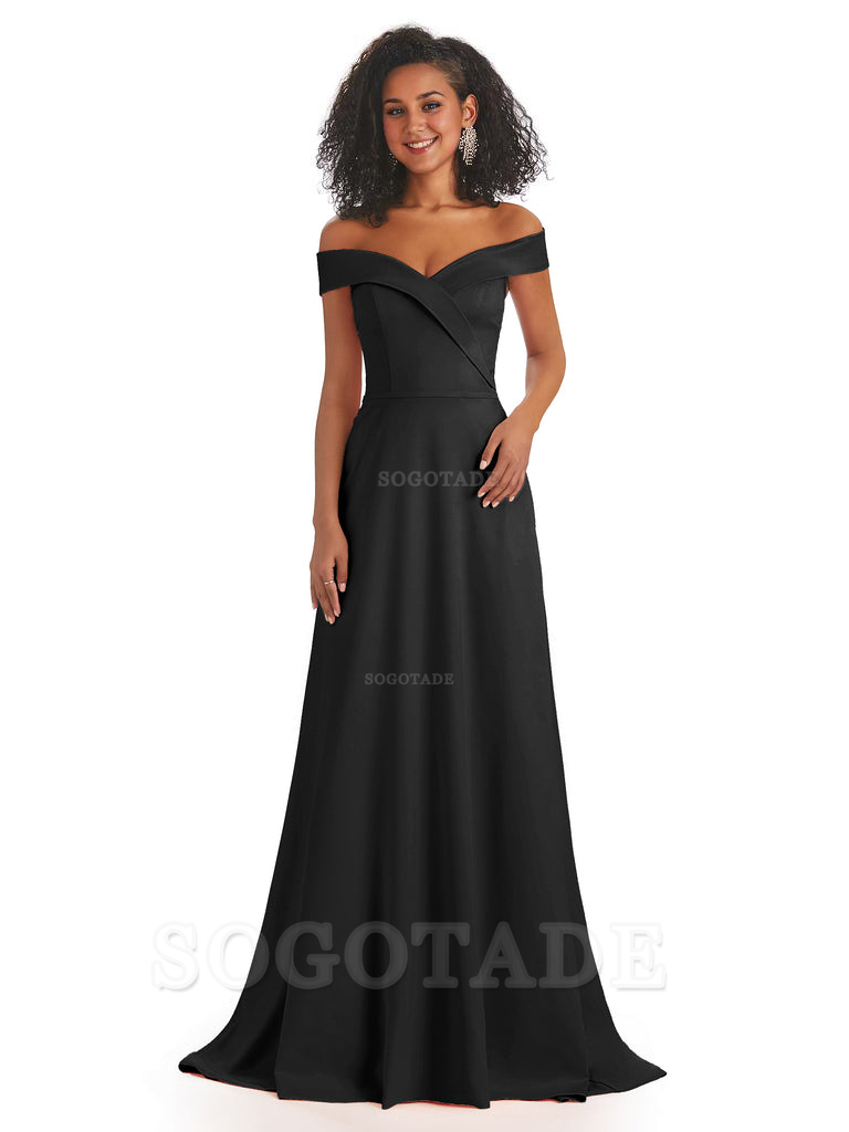 Soft Satin Off The Shoulder Long A-Line African Bridesmaid Dresses prom dress stores ﻿