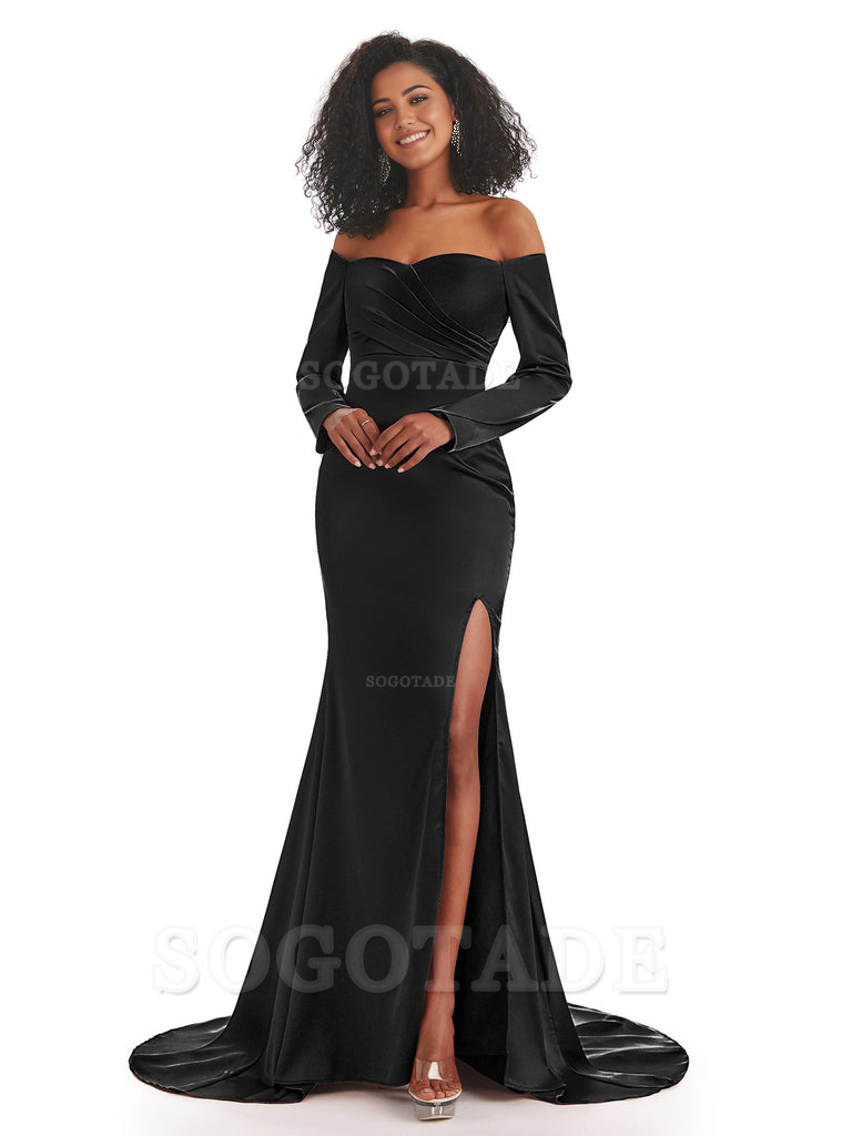 Mermaid Long Sleeve Satin formal dresses evening gown Bridesmaid Dresses With Side Slit 