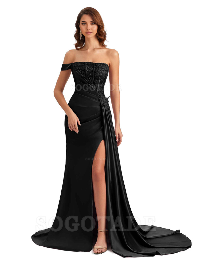 Mermaid Off Shoulder Applique formal dresses evening gown Bridesmaid Dresses With Side Slit 