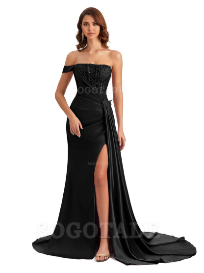 Mermaid Off Shoulder Applique formal dresses evening gown Bridesmaid Dresses With Side Slit 