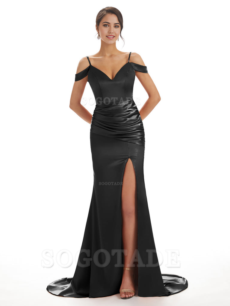 Mermaid Off The Shoulder Satin formal dresses evening gown Bridesmaid Dresses With Side Slit 