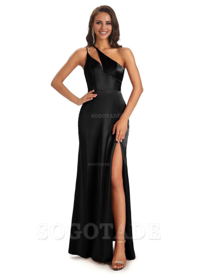 Sexy Soft Satin Side Slit One Shoulder Floor-Length Mermaid Long Bridesmaid Dresses Elegant Evening Party Dress