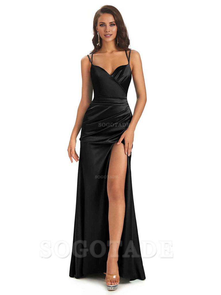 Sexy Soft Satin Side Slit Spaghetti Straps Long Maxi Mermaid Bridesmaid Dresses Elegant Evening Party Dress