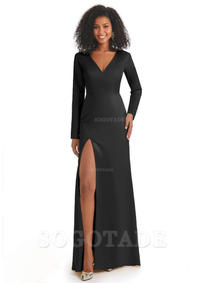 Soft Satin Side Slit Long Sleeves V-Neck Long African Mermaid Bridesmaid Dresses Elegant Evening Party Dress