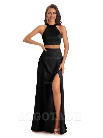 Soft Satin Two-Pieces Halter Side Slit Sexy Fashion Bridesmaid Dresses Charming Evening Party Dress