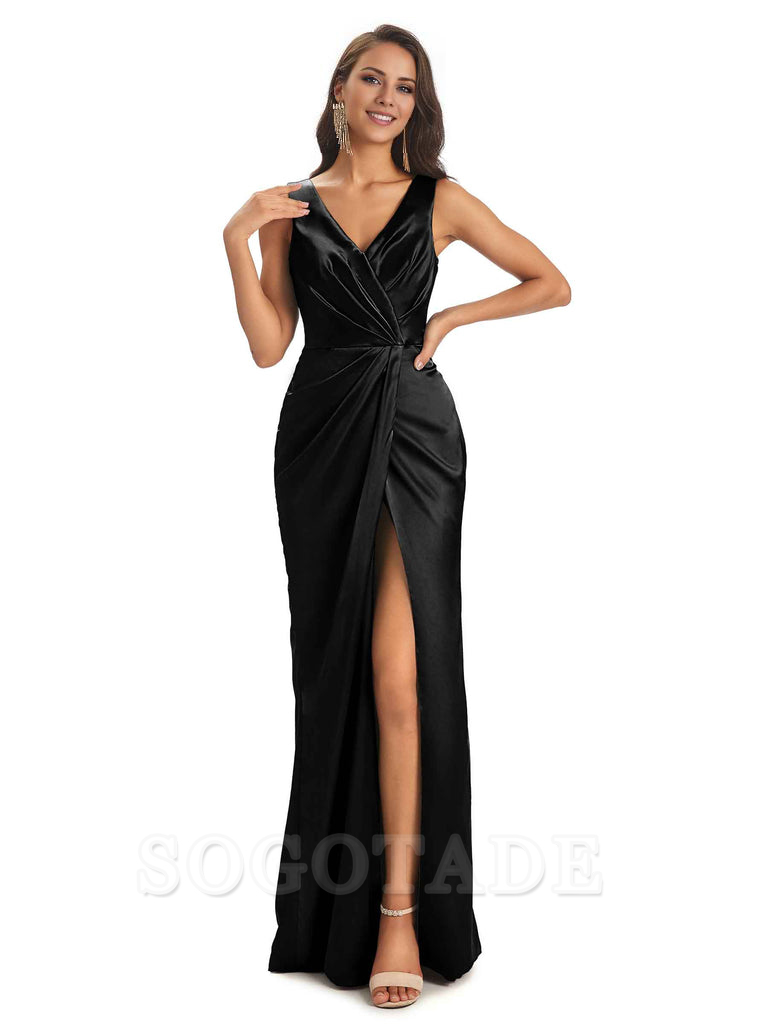V-Neck Unique Long Satin Bridesmaid Dresses with Front Slit
