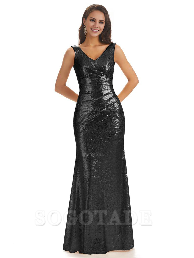 Sexy Sequin V-Neck Sparkly Long Mermaid Bridesmaid Dresses Charming Evening Party Dress
