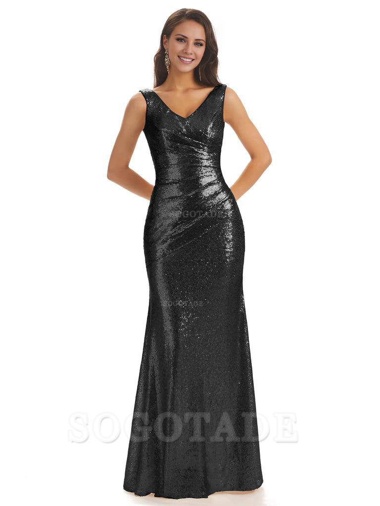 Sexy Sequin V-Neck Sparkly Long Mermaid Bridesmaid Dresses Charming Evening Party Dress