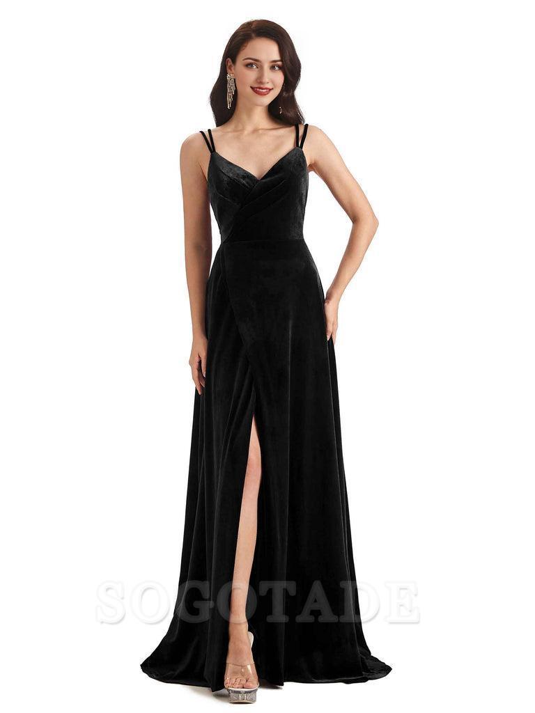 Sexy Velvet Long Bridesmaid Dresses Spaghetti Straps Open Back with Side Slit