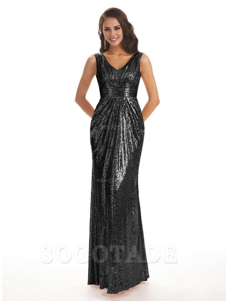 Sparkly V-Neck Sequin Long Mermaid Bridesmaid Dresses Sleeveless Charming Evening Party Dress