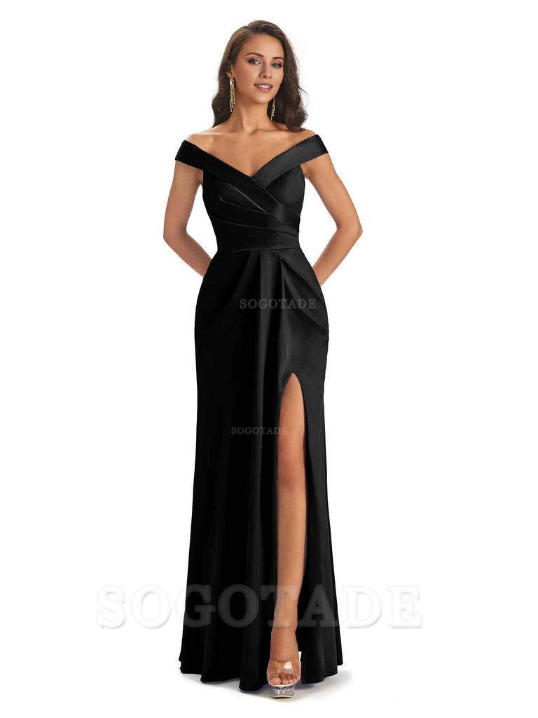 Sexy Soft Side Slit Off Shoulder V-Neck Long Satin Ladies Bridesmaid Dresses Elegant Evening Party Dress