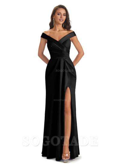 Sexy Soft Side Slit Off Shoulder V-Neck Long Satin Ladies Bridesmaid Dresses Elegant Evening Party Dress