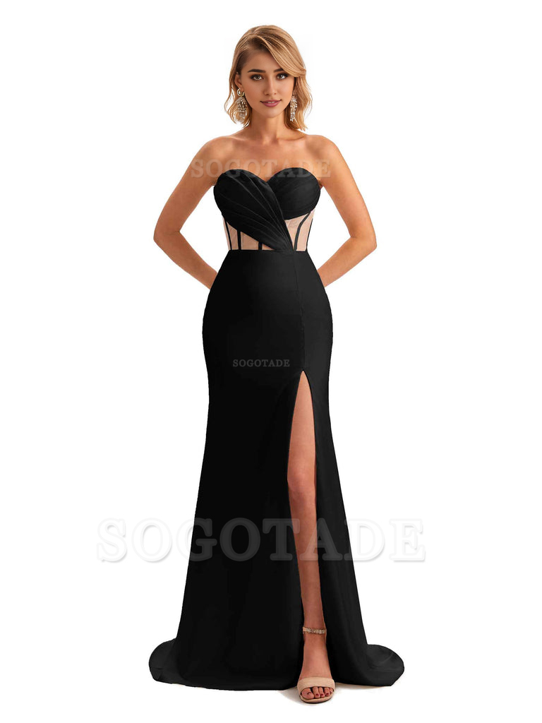 Sexy Sweetheart Strapless Side Slit Mermaid Soft Satin Unique Long Bridesmaid Dress For Wedding