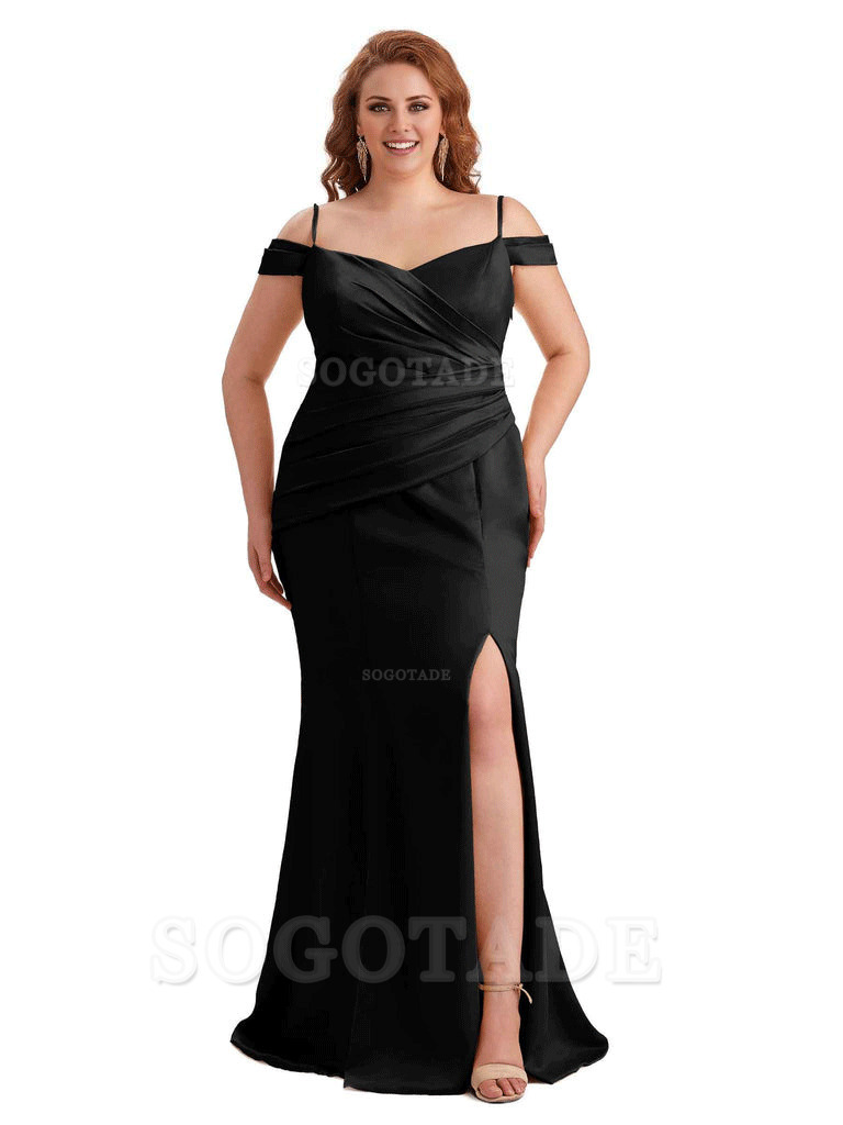 Elegant Cold Shoulder Side Slit Mermaid Soft Satin Long Plus Size Bridesmaid Gowns
