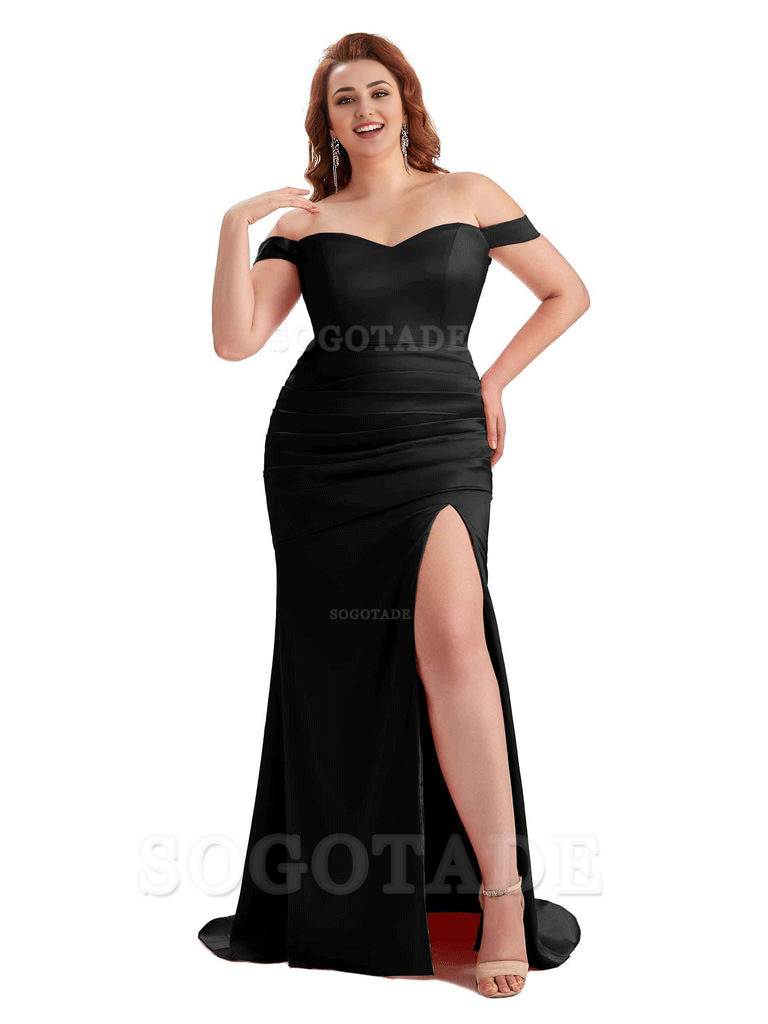 Sexy Mermaid Off The Shoulder Side Slit Soft Satin Long Plus Size Wedding Party Dresses