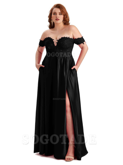 Off Shoulder Side Slit Lace Soft Satin Long Plus Size Bridesmaid Dresses For Wedding