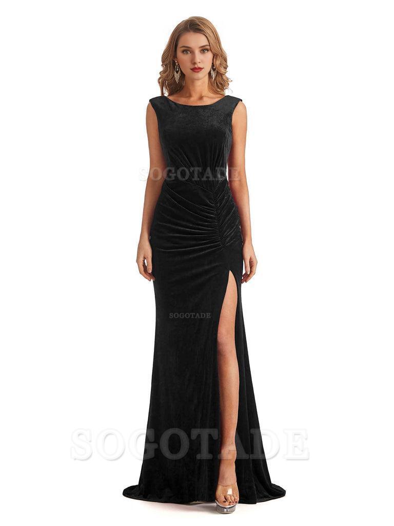 Sexy Open Back Mermaid Velvet Jewel High Split Maxi Long Bridesmaid Dresses Online