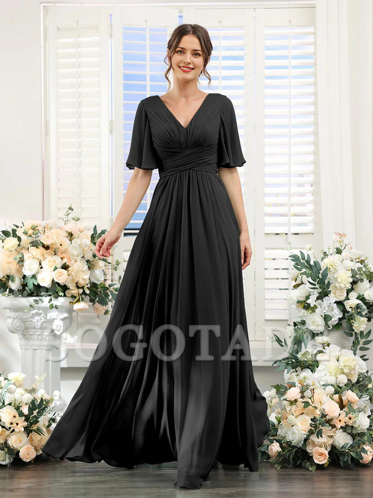 A-shaped V-shaped leader bridesmaid dress, suitable for wedding guests, long chiffon formal slit party dress