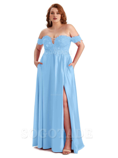Off Shoulder Side Slit Lace Soft Satin Long Plus Size Bridesmaid Dresses For Wedding