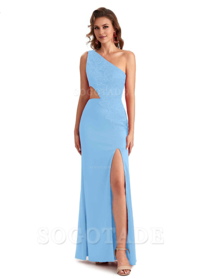 Sexy Side Slit Mermaid Lace Silky Satin One Shoulder Chic Long Bridesmaid Dresses