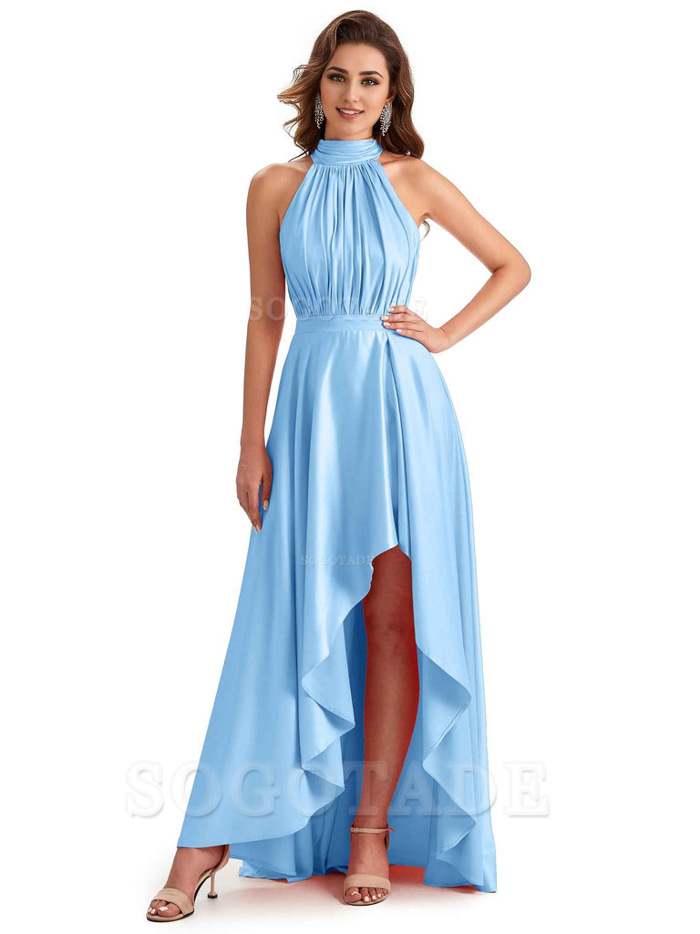 Soft Satin High Neck High Low A-Line Unique Bridesmaid Dresses Online