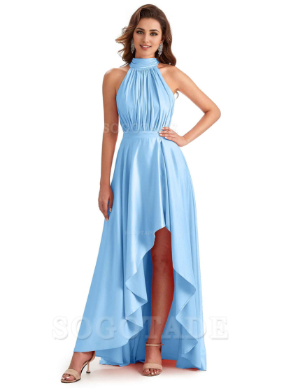 Soft Satin High Neck High Low A-Line Unique Bridesmaid Dresses Online
