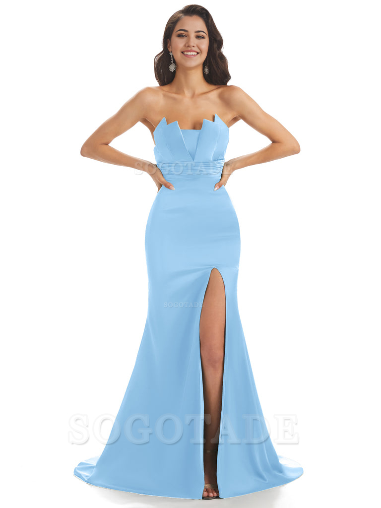 Mermaid sleeveless Satin formal dresses evening gown Bridesmaid Dresses With Side Slit 