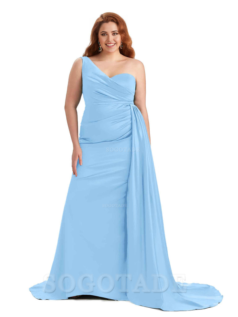Sexy One Shoulder Sleeveless Mermaid Soft Satin Long Plus Size With Train Bridesmaid Gowns