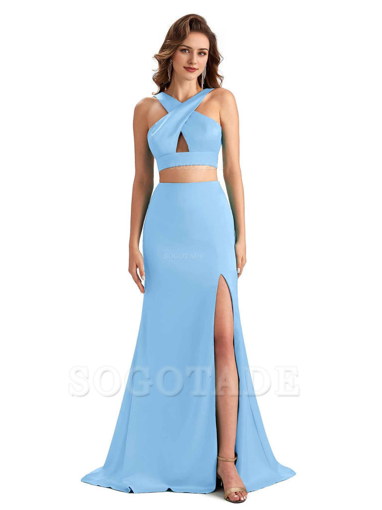 Sexy Side Slit Mermaid Silky Satin Halter Two Pieces Unique Long Bridesmaid Dresses