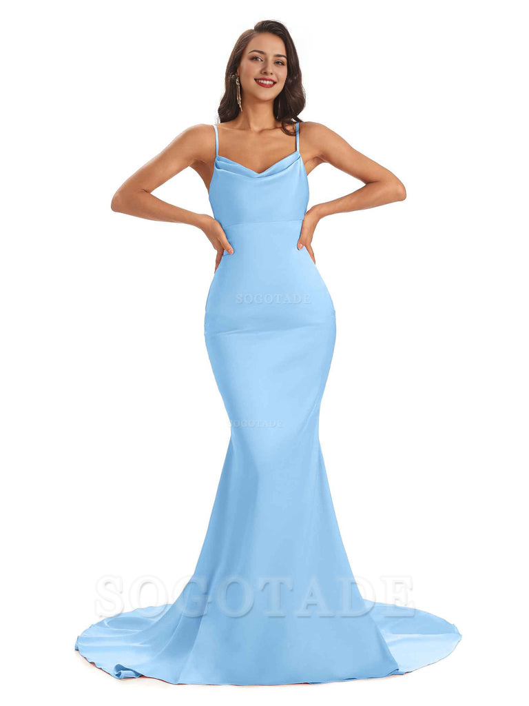 Sexy Backles Soft Satin Spaghetti Straps Maxi Mermaid Bridesmaid Dresses Online prom shop dresses